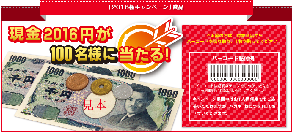 「2016極」キャンペーン 現金2016円が100名様に当たる！